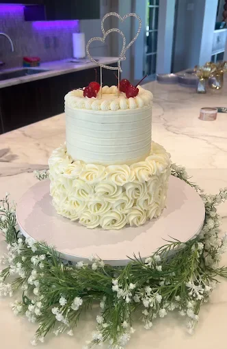 Two-tier custom wedding cake with rosette icing, made by Robin Bakes in Glendale AZ
